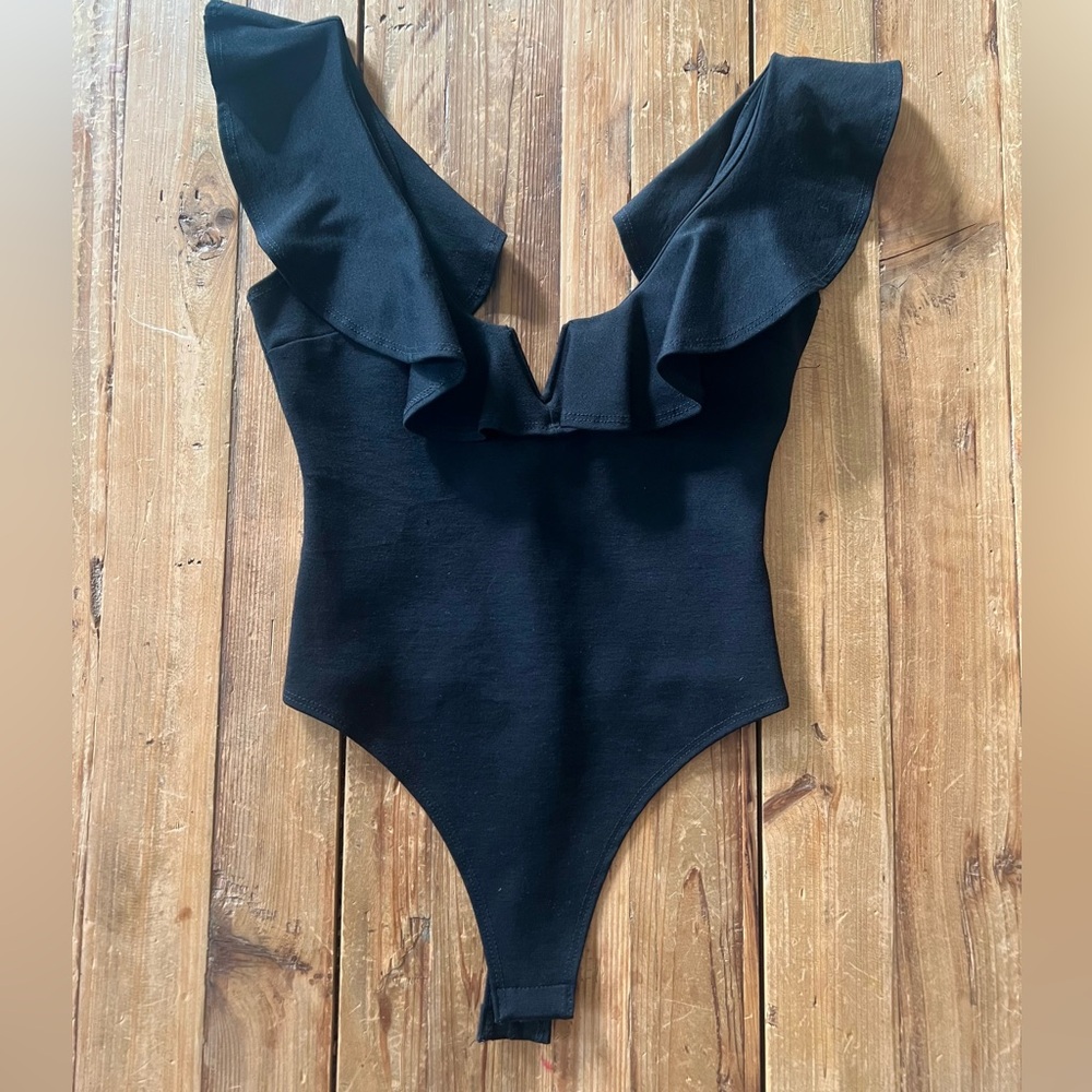 Lulu's  Black ruffle V neck Bodysuit